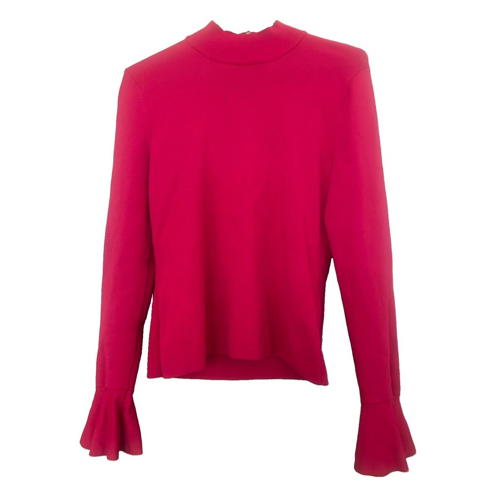 Michael Kors Women's Small Red Mock Neck Bell Sleeve Back Zip Sweater Career